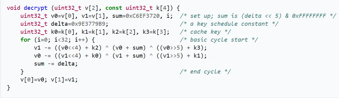 TEA decryption function via Wikipedia